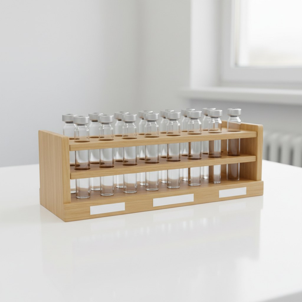 Organized rack of identical peptide vials on a white clinical desk